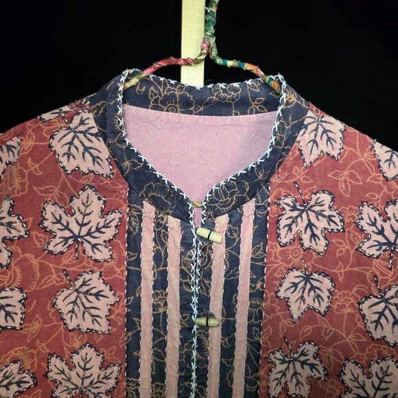 Vtg 70s Reversible Indian Cotton Toggle Jacket/Coat with Leaf Print - Picture 2 of 10